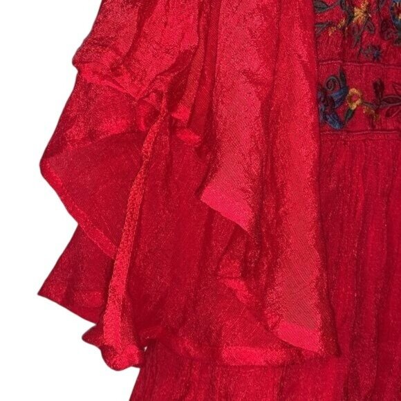 Umgee USA Womens Red Embroidered Bell Sleeve Boho Dress M Rayon Flowy Fit - Picture 10 of 16